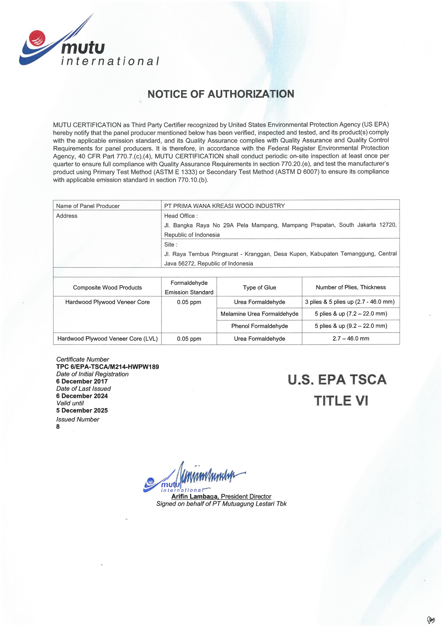 EPA Certification